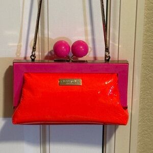 Kate Spade neon orange/pink patent leather clutch w/detachable gold chain